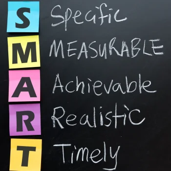 SMART acronym on a blackboard: Specific, Measurable, Achievable, Realistic, Timely