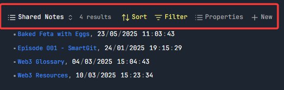 Embedded Base view with header row visible showing Sort, Filter, and Properties controls