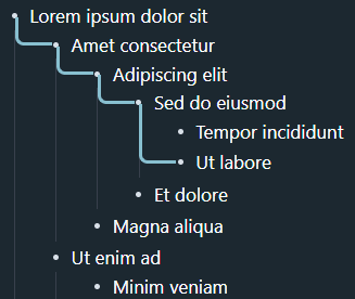 Nested bullet list with colorful guide lines connecting parent and child items on hover