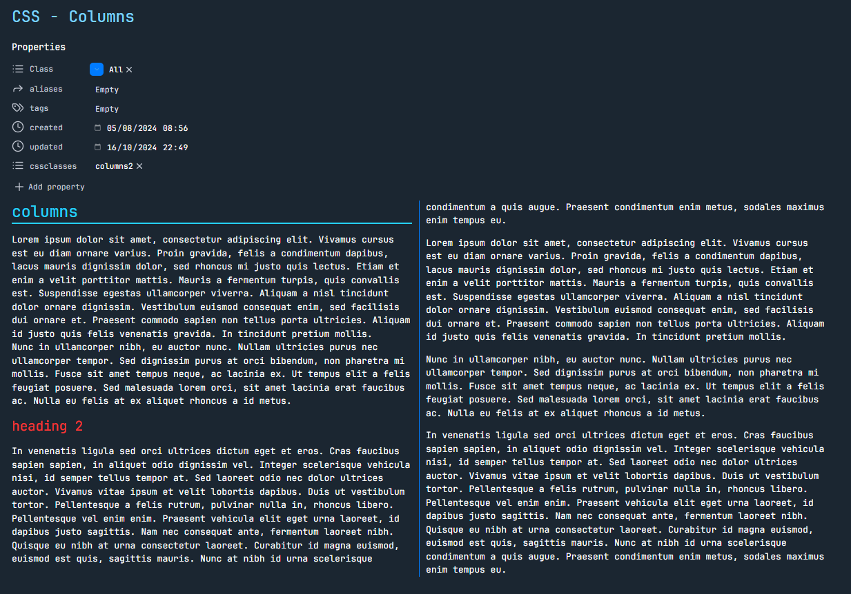 Obsidian note content flowing into two equal columns separated by a blue rule