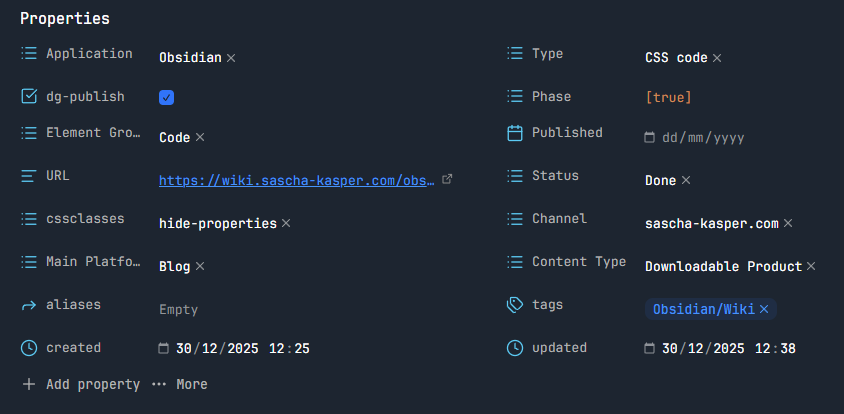 Obsidian properties panel arranged in a two-column grid layout
