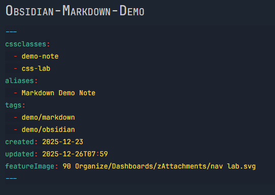 YAML frontmatter in source mode with color-coded property names, values, and booleans