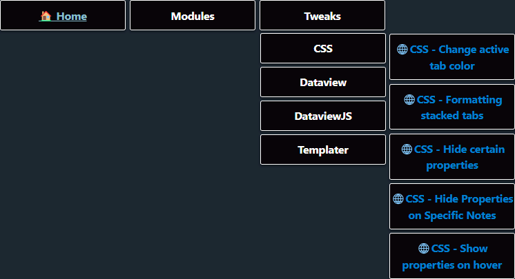 Multi-level dropdown navigation menu with Home, Modules, and Tweaks expanding on hover