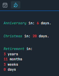 Three countdown timers showing days to anniversary, Christmas, and years to retirement