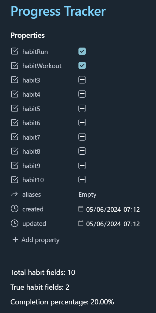 Note with ten habit checkboxes, two checked, showing 20% completion