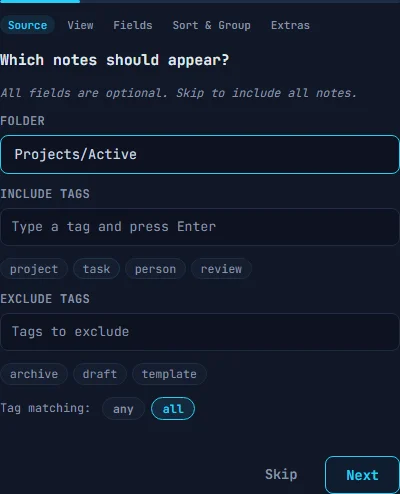 Wizard step 1 showing folder path, include/exclude tag inputs, and tag matching toggle