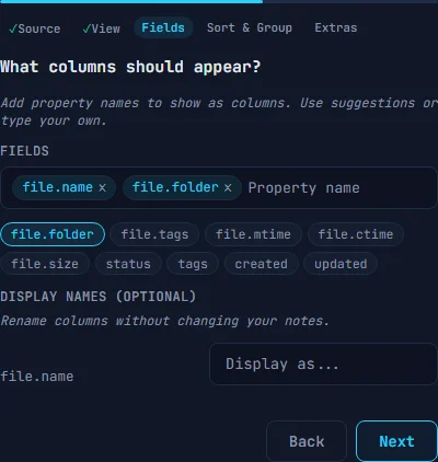 Wizard step 3 showing chip input for field selection with suggestion buttons below