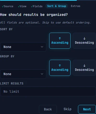 Wizard step 4 showing sort and group dropdowns with ascending/descending direction buttons