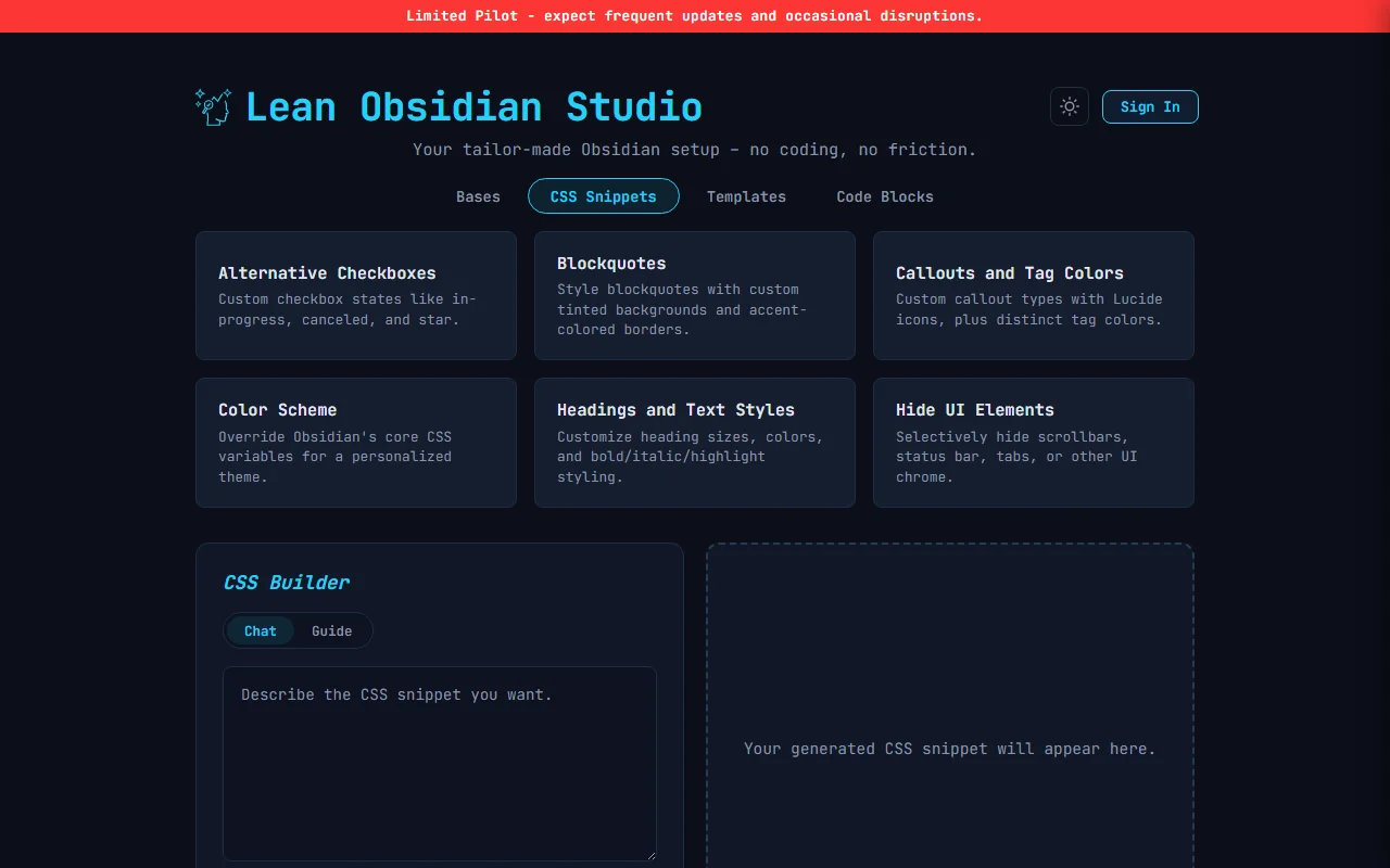 Six starter cards for Alternative Checkboxes, Blockquotes, Callouts, Color Scheme, Headings, and Hide UI Elements