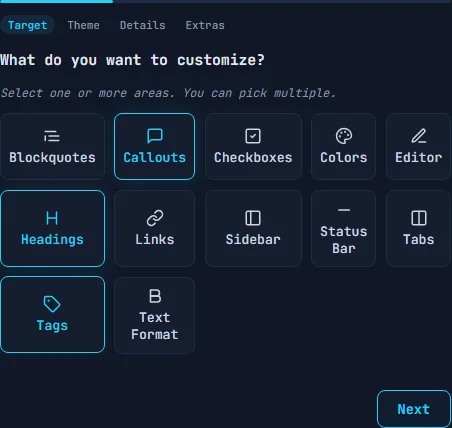 Wizard step 1 showing a grid of 12 selectable targets including Callouts, Headings, Tags, and more