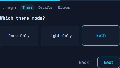 Wizard step 2 showing three theme mode options: Dark Only, Light Only, Both