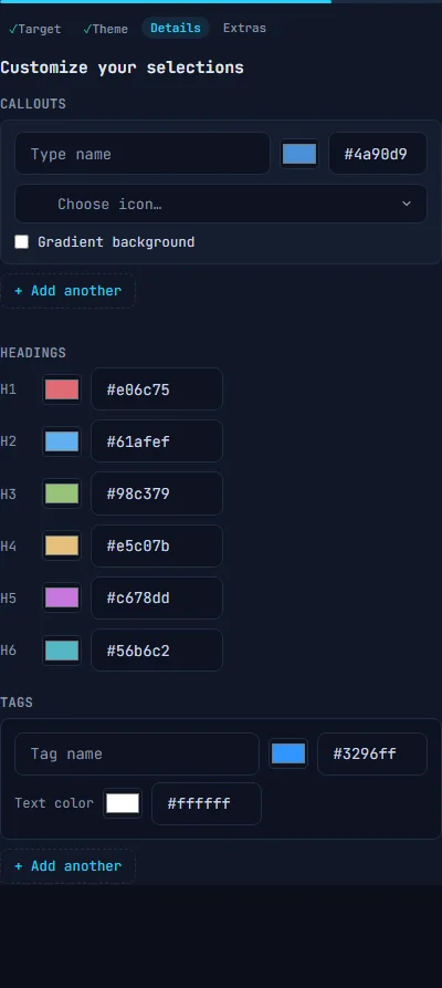 Wizard step 3 showing configuration options for Callouts with name, color picker, and icon selection