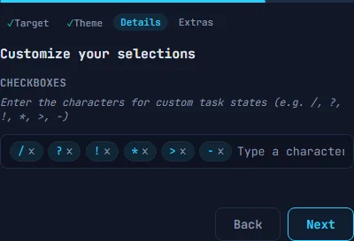Wizard step 3 showing checkbox customization with chip input for task state characters