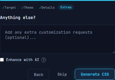 Wizard step 4 showing a free-text textarea for additional customization and an Enhance with AI checkbox