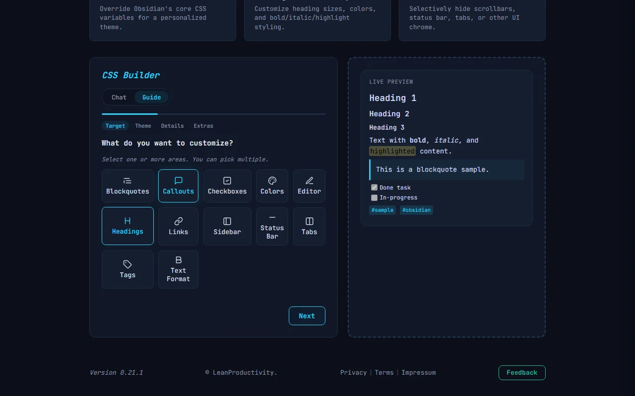 Full app view showing the CSS wizard on the left and a live preview panel on the right with sample content