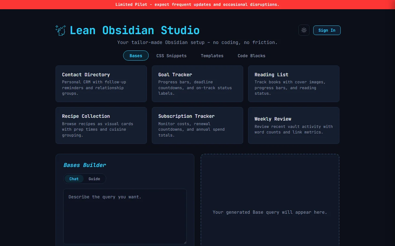 Lean Obsidian Studio main interface with Bases tab active, starter cards, and chat builder