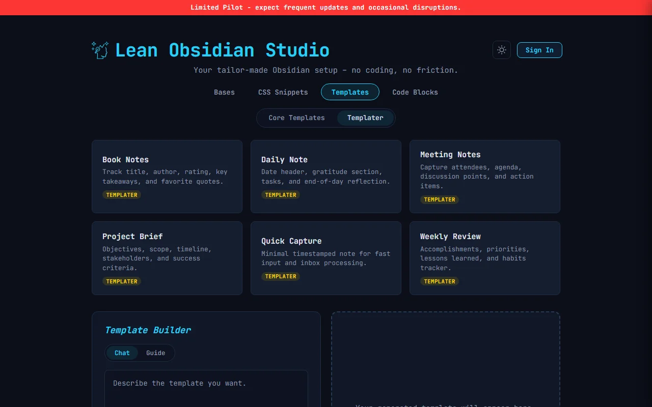 Same six starter cards with Templater plugin toggle active