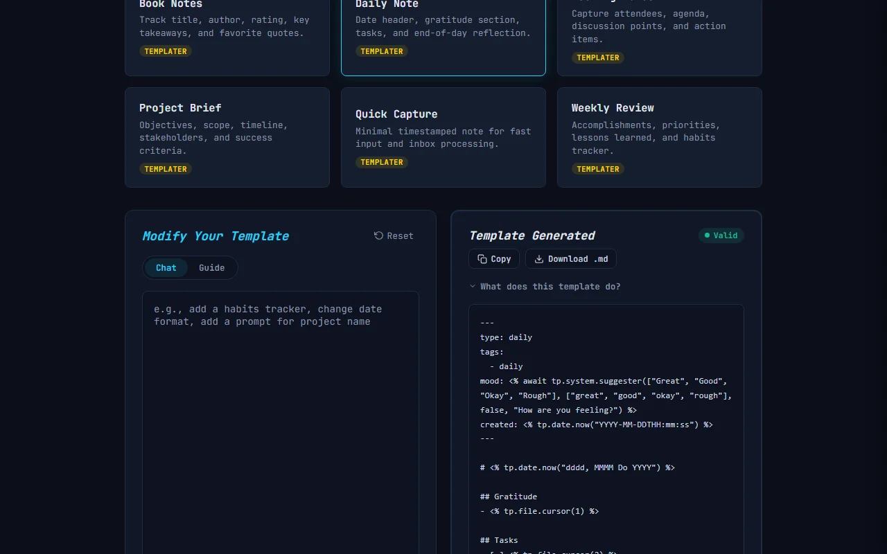 Generated Templater template with Valid badge, Copy and Download buttons