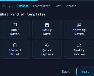 Wizard step 2 showing six purpose icons: Book Notes, Daily Note, Meeting Notes, Project Brief, Quick Capture, Weekly Review