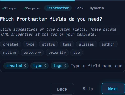 Wizard step 3 showing chip input with suggestion buttons for common YAML properties