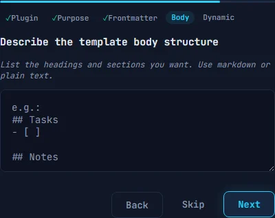Wizard step 4 showing a textarea for describing the template body structure
