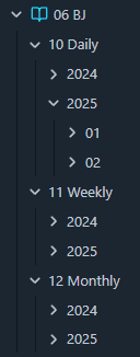 Journal folder tree with Daily, Weekly, and Monthly subfolders by year